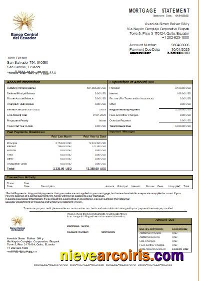 Ecuador Central Bank of Ecuador bank mortgage statement